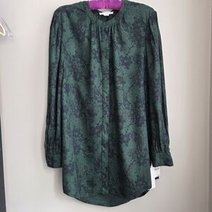 Treasure&Bond Oversized Green Floral Puff Long Sleeve Blouse Tunic Rayon XS NWT
